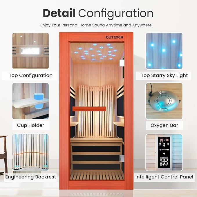OUTEXER Infrared Sauna 1495W Wooden Saunas Spa Room Pacific Clear Cedar Wood - Image 5