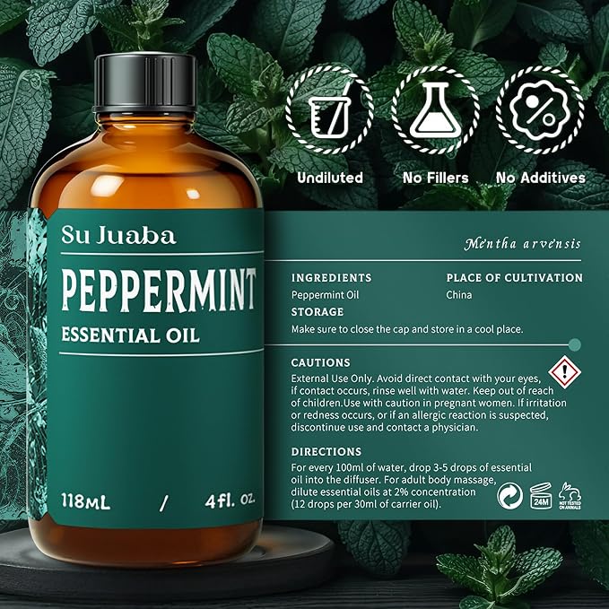 SU JUABA Peppermint Oil 4 Fl Oz, 100% Pure & Natural Aromatherapy Oil - Image 6