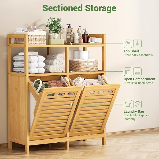 Homykic Tilt Out Laundry Hamper Cabinet, Bamboo Double Laundry Hamper - Image 6