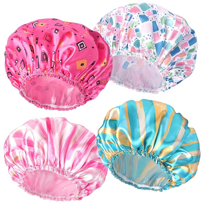 4 PCS Shower Cap for Women, Elastic and Reusable Bath Caps, Double Layers by CHFONGDIRECT
