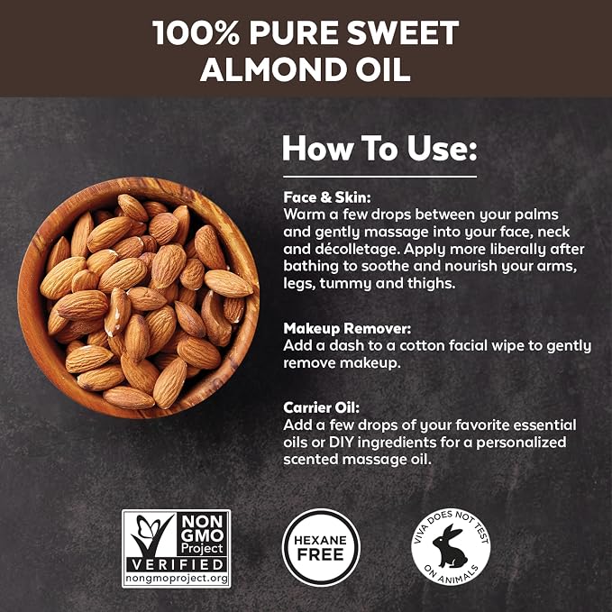 Viva Naturals Sweet Almond Oil, 16 fl. oz – Skin & Hair Moisturizer, Body & - Image 3