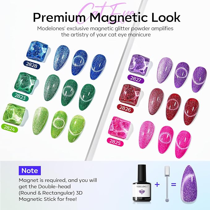 modelones Cat Eye Gel Nail Polish, 6 Colors Glitter Summer Red Pink Purple - Image 2