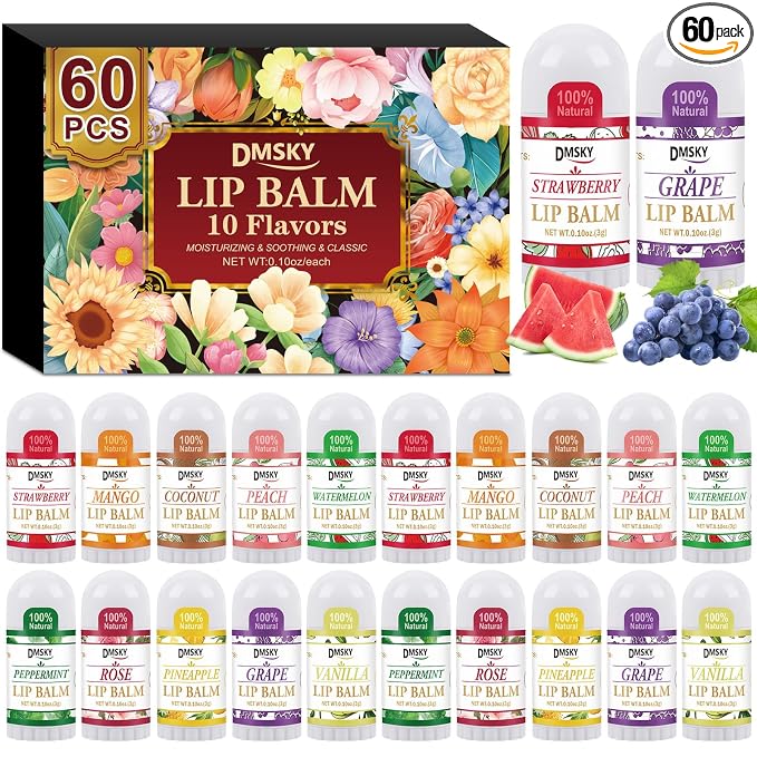 DMSKY Mini Lip Balm Bulk 60 Pack, Natural Lip Balm by DMSKY