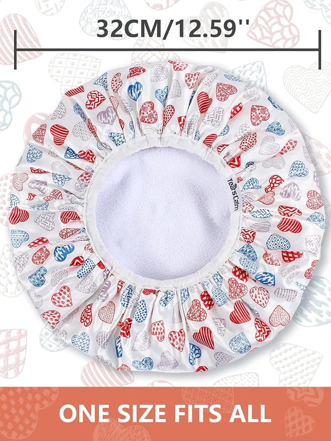 Years calm Terry Lined Shower Cap, Triple Layer Heart Motifs, Waterproof - Image 2