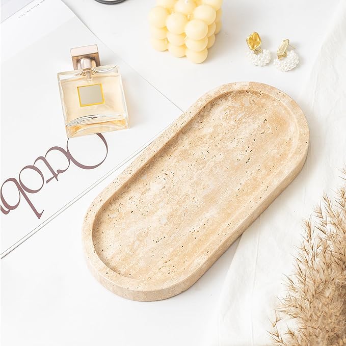 WORHE Natural Travertine Vanity Tray Waterproof Italy Marble Bathroom Organizer - Image 9