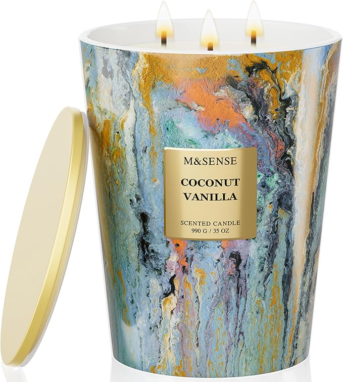 M&SENSE Large 3-Wick Coconut Vanilla Scented Soy Candle, 35oz 150 Hours by MSENSE