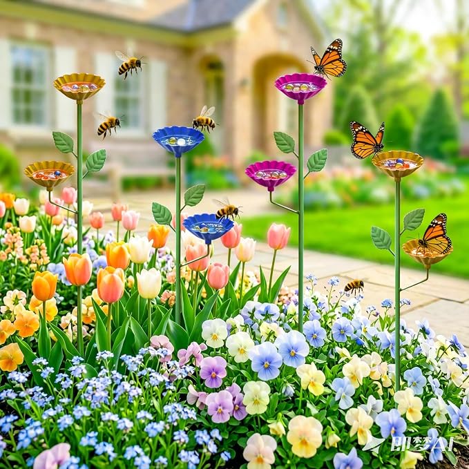 Bee Watering Station for Garden 4 Pack, Metal Double-Flower Bee Bath Garden - Image 7