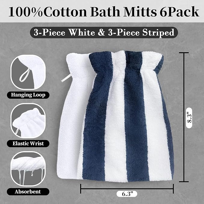 VOOVA & MOVAS Bath Mitts for Shower, 8.3x6.3 Inch, 100% Cotton Soft Absorbent - Image 2