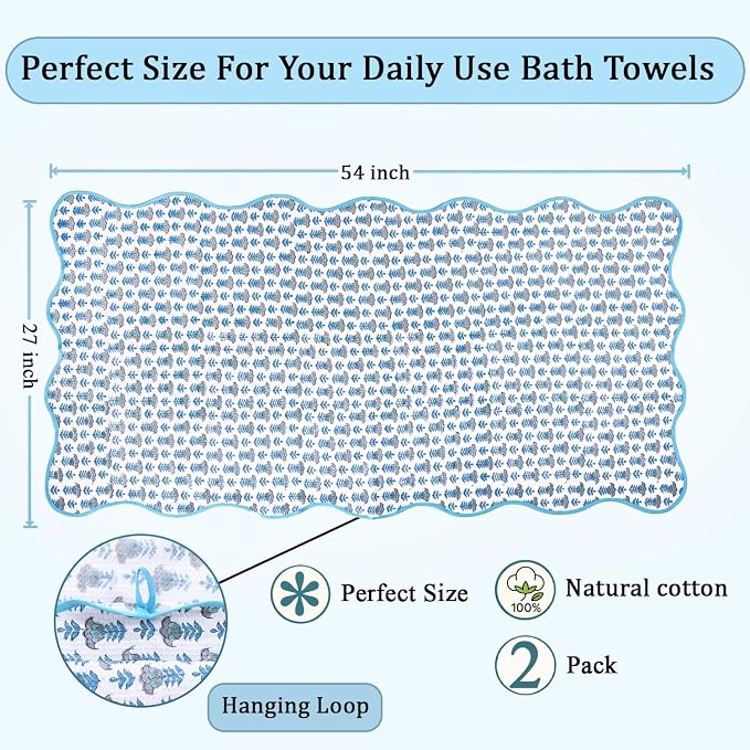 Ridhi Block Print Aquamarine Blue Cotton Spa Towel 27"x54" Set of 2 Handmade - Image 4