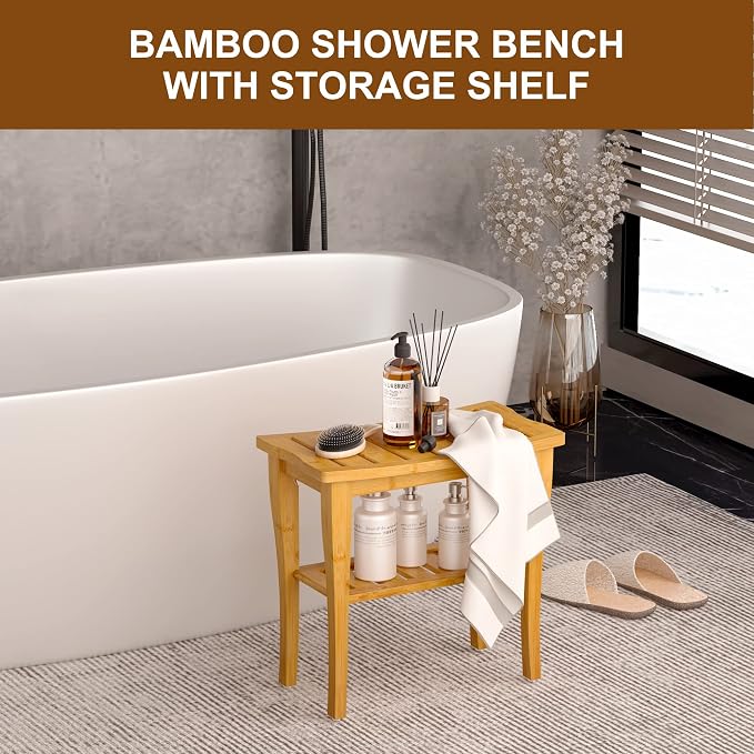 Greenual Bamboo Shower Bench 2-Tier Spa Shower Stool - Image 4