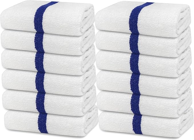 Avalon Towels 100% Cotton Pool Towels White Beach Towels Blue Stripe Pack of 12 by AvalonTowels
