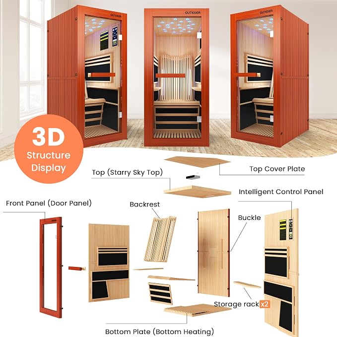OUTEXER Infrared Sauna 1495W Wooden Saunas Spa Room Pacific Clear Cedar Wood - Image 8