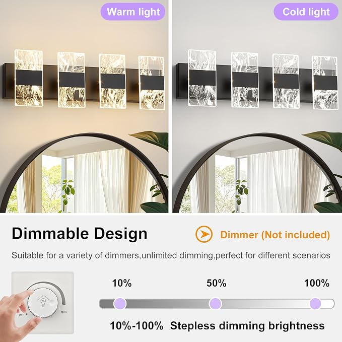 Modern LED Bathroom Light Fixtures Dimmable 4-Light Black Vanity Light - Image 4