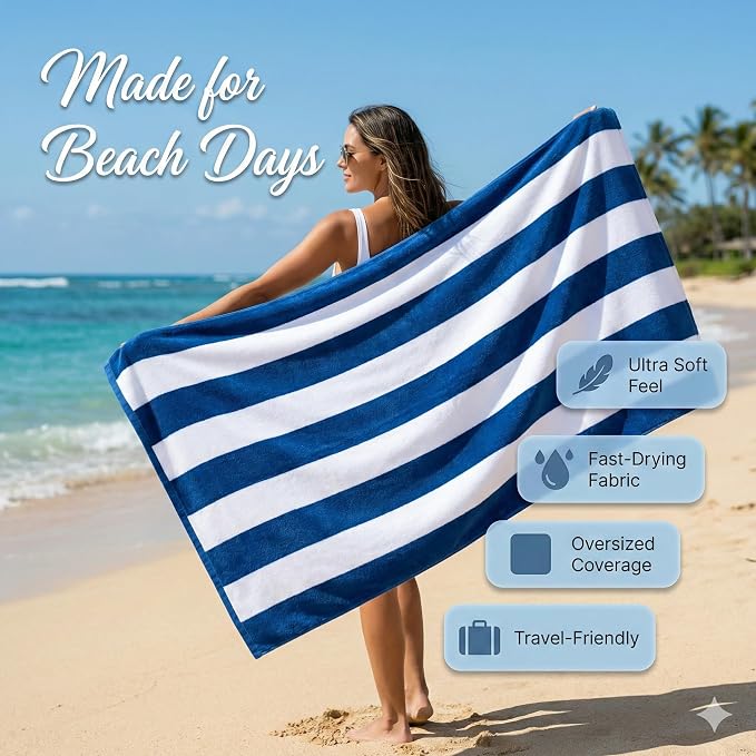 Velour Cabana Beach Towel 2 Pack, 30” x 60” Soft Plush Cotton Pool Towel - Image 2