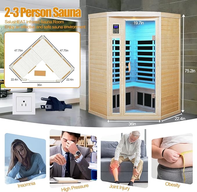 Far Infrared Wooden Sauna Room, 2-3 Person Home Sauna Canadian Hemlock Indoor - Image 6