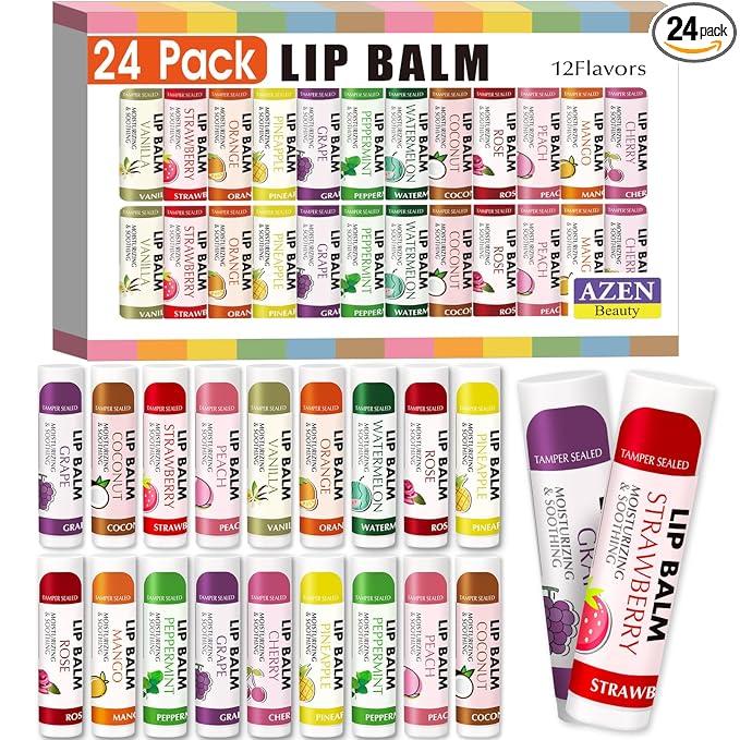 AZEN 24 Pack Lip Balm Bulk, Moisturizing Lip Balms by AZEN