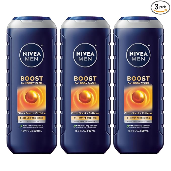 NIVEA MEN Boost Body Wash, Citrus Scent and Caffeine Enriched, 3-in-1 Men's by NIVEAMen