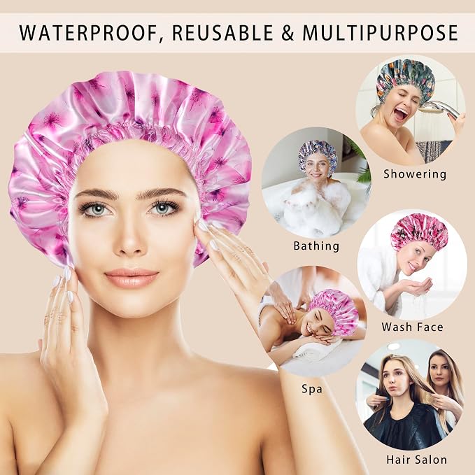 4 PCS Shower Caps for Women, Printing Bath Caps, Double Layers Shower Cap - Image 2