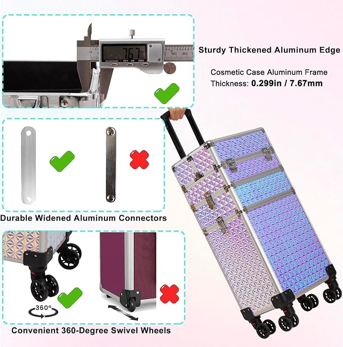 3 in 1 Rolling Makeup Train Case Professional Large Cosmetic Trolley - Image 8
