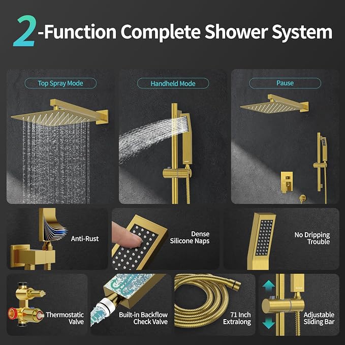 SR SUN RISE 12 Inch Brushed Gold Shower Faucet Set, Wall-Mount Adjustable - Image 3