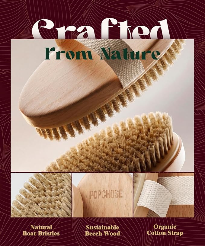 POPCHOSE Dry Brushing Body Brush, Natural Bristle Dry Skin Exfoliating Brush - Image 3