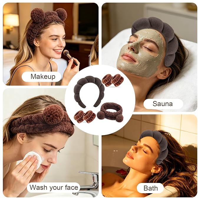 Zkptops 6Pcs Spa Headband for Washing Face Wristband Set Sponge Makeup Skincare - Image 5