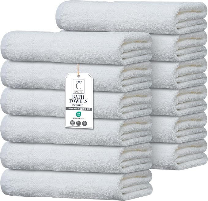 Commercial Bulk Pack of 12 Large Bath Towels – 100% Cotton Terry 24" x 50" – by TEXCRAFT