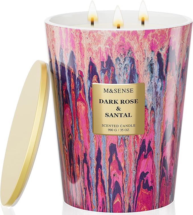 M&SENSE 3-Wick Dark Rose Large Soy Scented Candle, 35oz 150H Non-Toxic Luxury by MSENSE