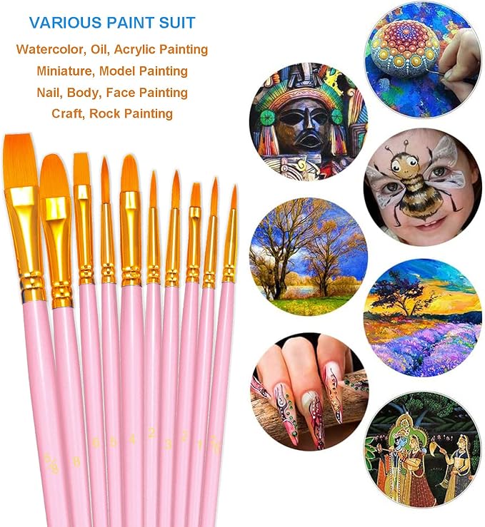 BOSOBO Paint Brushes Set, 10 Pieces Round Pointed Tip Paintbrushes Nylon Hair - Image 5