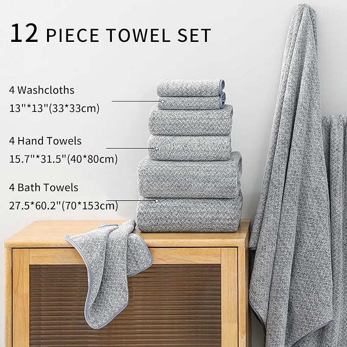 Ultra Soft Bath Towel Set, 12 Piece Family Bathroom Towels Set - Image 5