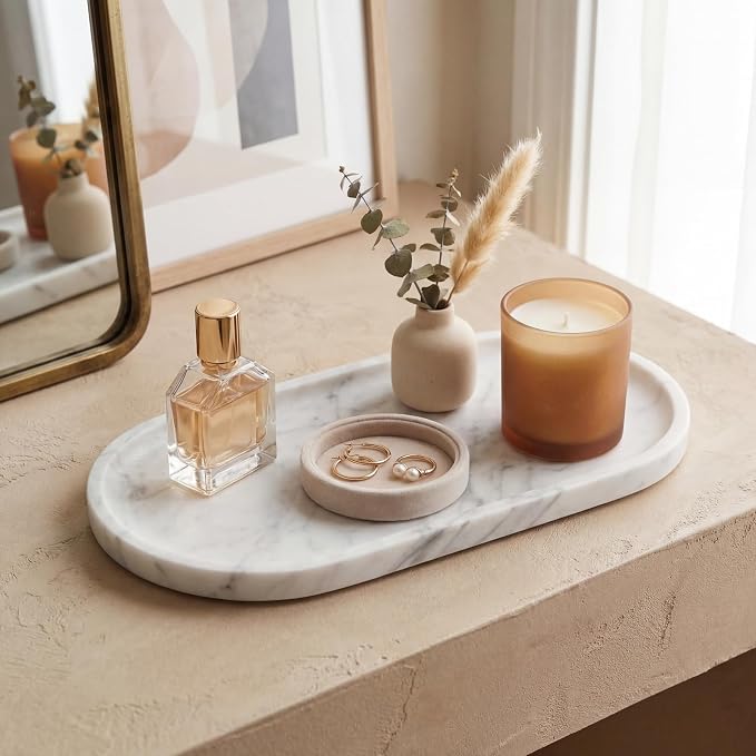 YKAJO Oval Real Marble Tray for Bathroom Kitchen Counter Stone Decorative - Image 5