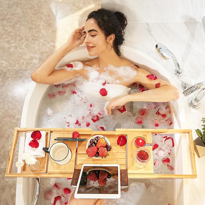 VaeFae Bamboo Bathtub Caddy Tray, Expandable Bath Tray - Image 2
