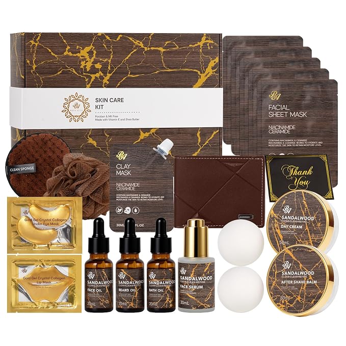 Sandalwood Beard Grooming Set For Men, Spa & Self-Care Gift Basket Set by RAROSAACCA
