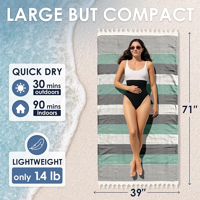 ATANI Turkish Beach Towel, Converts to a Bag, Oversized 100% Cotton Bath Towels - Image 3