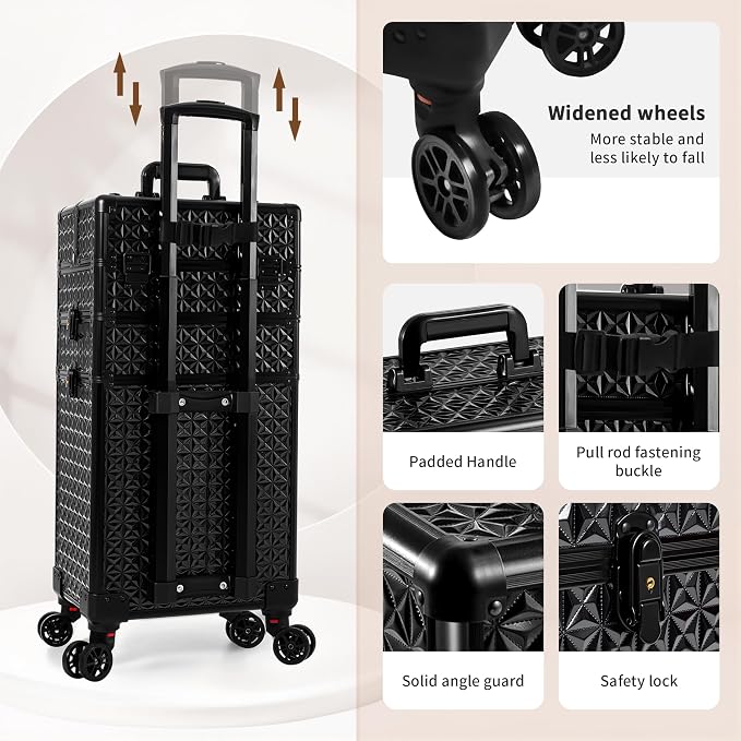 3 in 1 Rolling Makeup Train Case Professional Large Cosmetic Trolley - Image 5