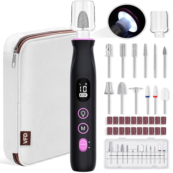 Electric Nail Drill, Cordless 2000 mAh Rechargeable Portable Nail File 12 in 1 by VFD