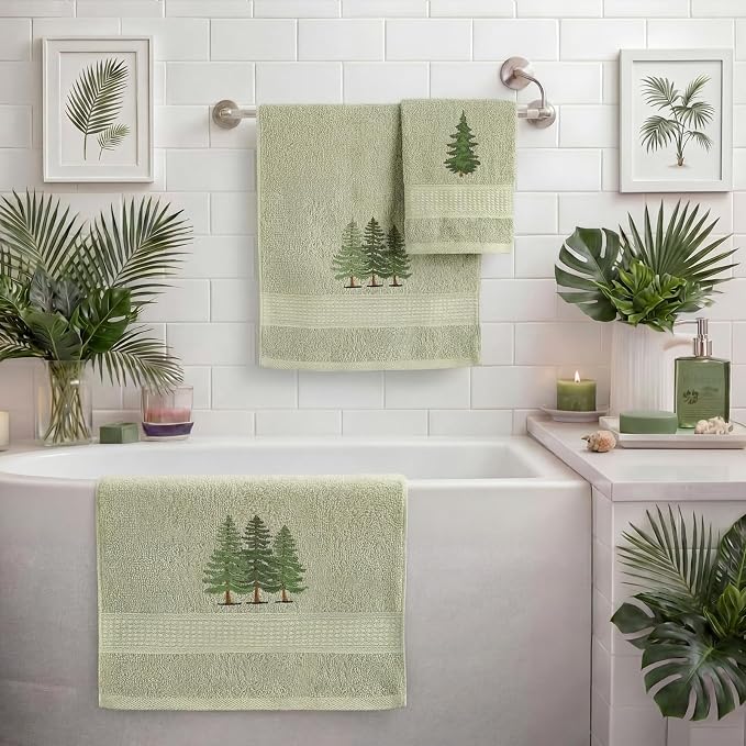 3 Pcs Rustic Pine Trees Bathroom Towel Set Farmhouse Embroidered Pine Trees - Image 4
