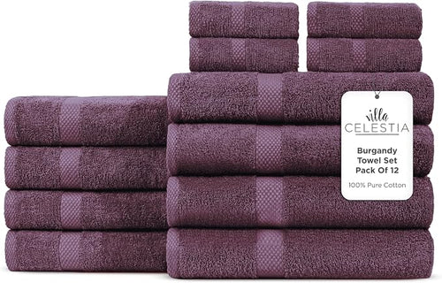 100% Cotton Bath Towel Set of 12-4 Bath Towels, 4 Hand Towels, 4 Wash Cloths by VillaCelestia
