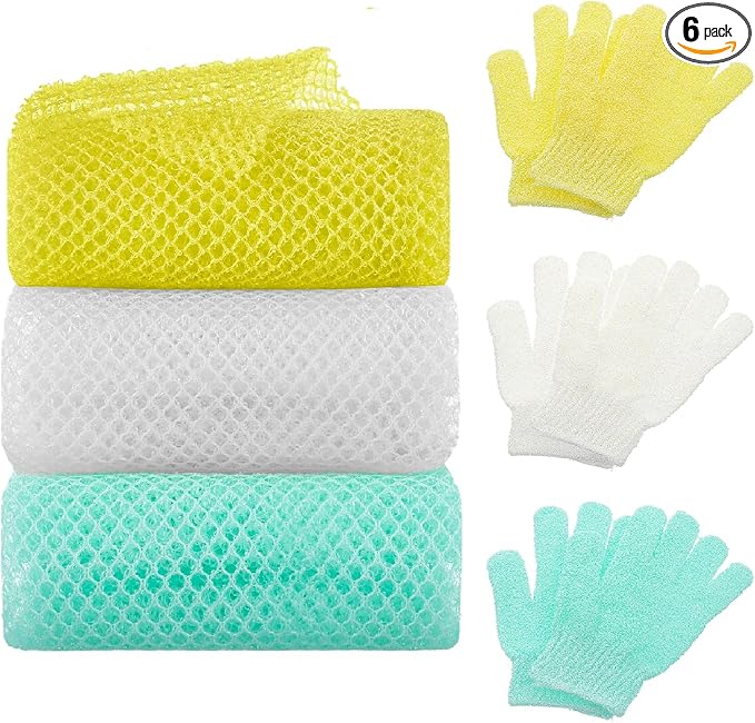 6 Pack African Net Sponge Exfoliating Glove Set, 3 Bath Sponge Body Scrubber by WSICSE