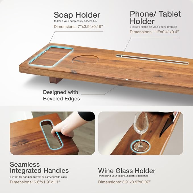 Tinamo Acacia Bathtub Caddy Tray Table | 39 x 9.75 x 2.5 Inch Large Bath Tub - Image 3