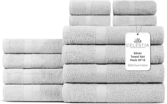 100% Cotton Bath Towel Set of 12-4 Bath Towels, 4 Hand Towels, 4 Wash Cloths by VillaCelestia