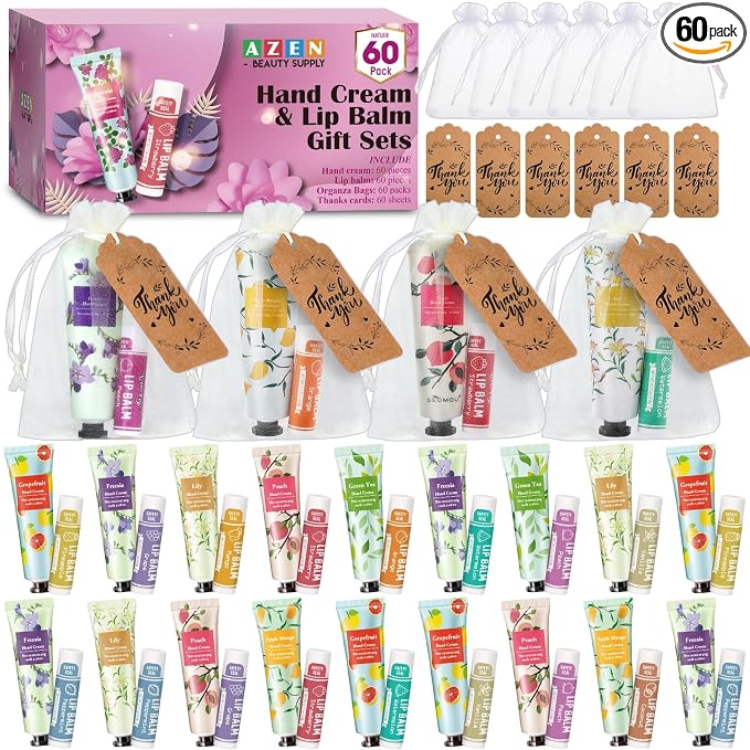 AZEN 60 Sets Bulk Gifts, Hand Cream and Lip Balm Bulk Set by AZEN