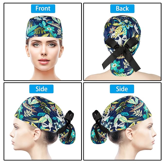 Scrub Caps Women Bouffant Scrub Caps, Adjustable Working Cap Ponytail Pouch Tie - Image 2