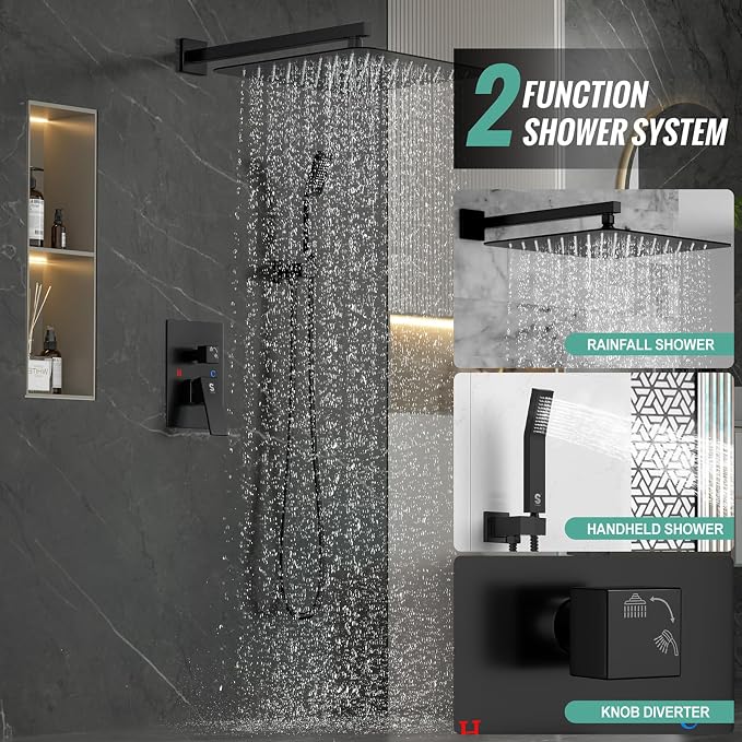 SR SUN RISE Matte Black Square Rainfall Shower Head and Handle Set, Wall - Image 4
