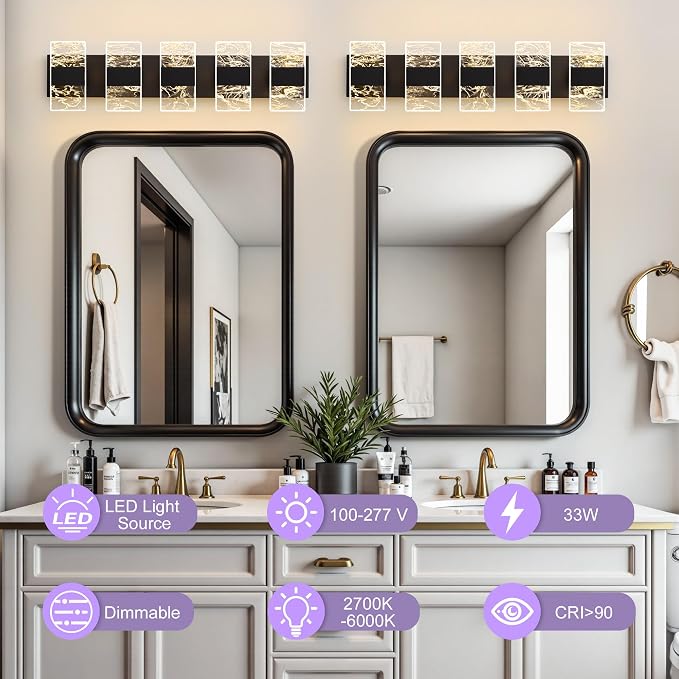 Modern LED Bathroom Light Fixtures Dimmable 5-Light Black Vanity Light - Image 2