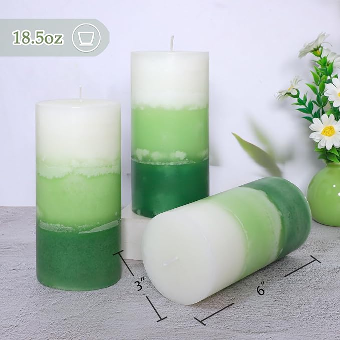 Pillar Candles 3x6 Inch Eucalyptus Scented Hand-Poured 3-Layers Green Gradient - Image 4