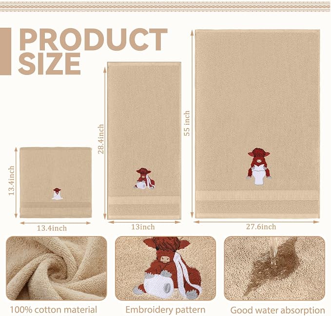 3 Pcs Highland Cow Bathroom Towel Set Farmhouse Embroidered Highland Cow Towels - Image 2