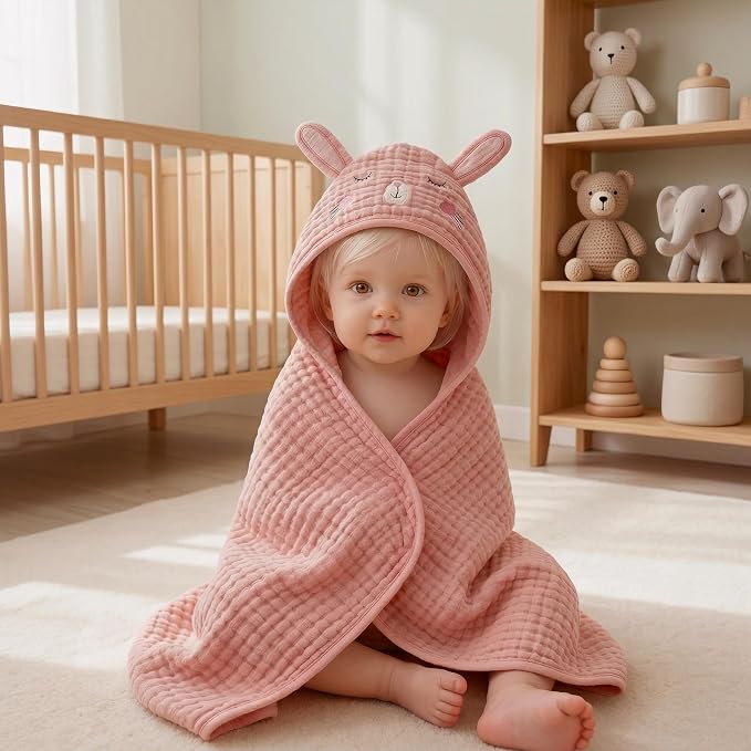 Blissful Diary Muslin Baby Hooded Towel 1 Pack, Soft & Absorbent Bath Towel - Image 6