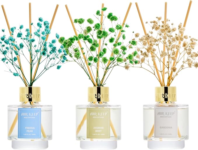 Airkeep Reed Diffuser Set of 3, Jasmine Mint Gardenia Freesia Pear Oil Reed by Airkeep