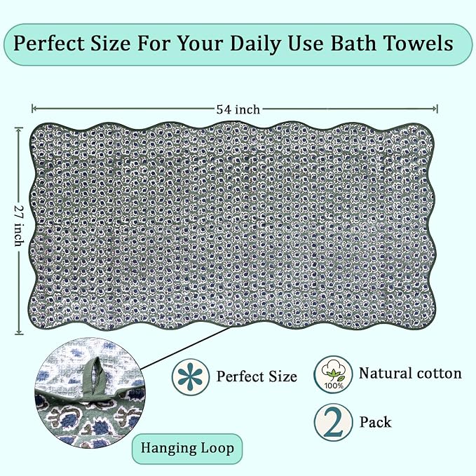 Ridhi Block Print Basil Green Cotton Spa/Beach Towel 27"x54" Set of 2 Handmade - Image 4